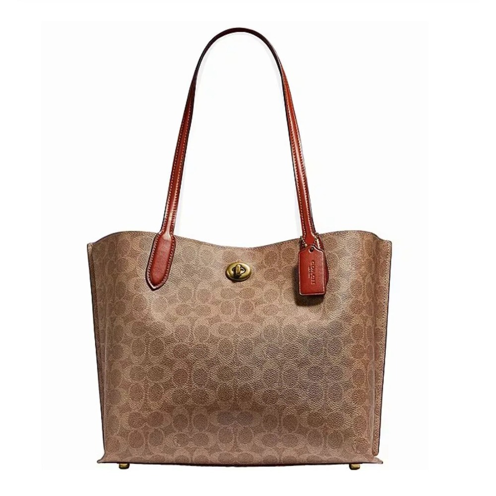 Coach In Signature Willow Brown Logo Coated Canvas Shoulder Straps Tote Bag